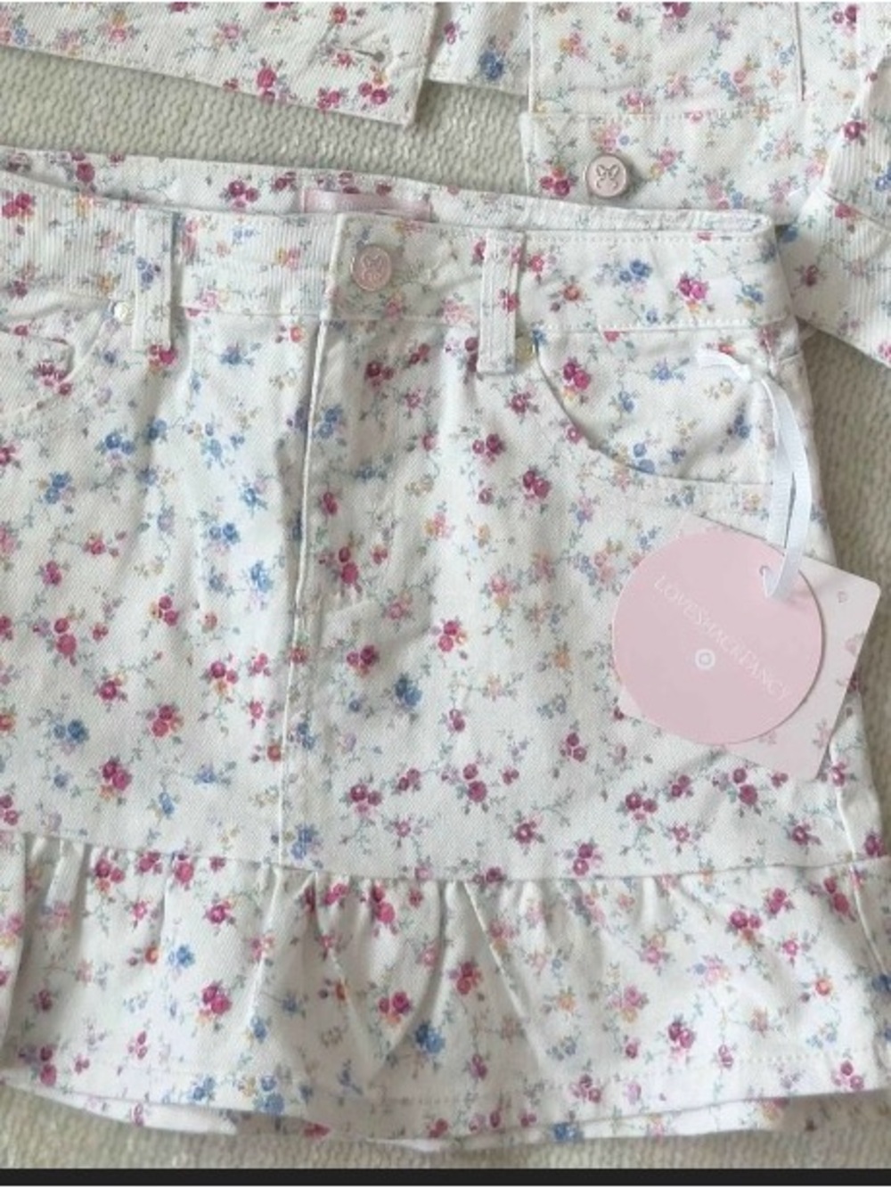 LoveShackFancy Girls' White Floral Ruffle Skirt with Pink & Blue Blooms